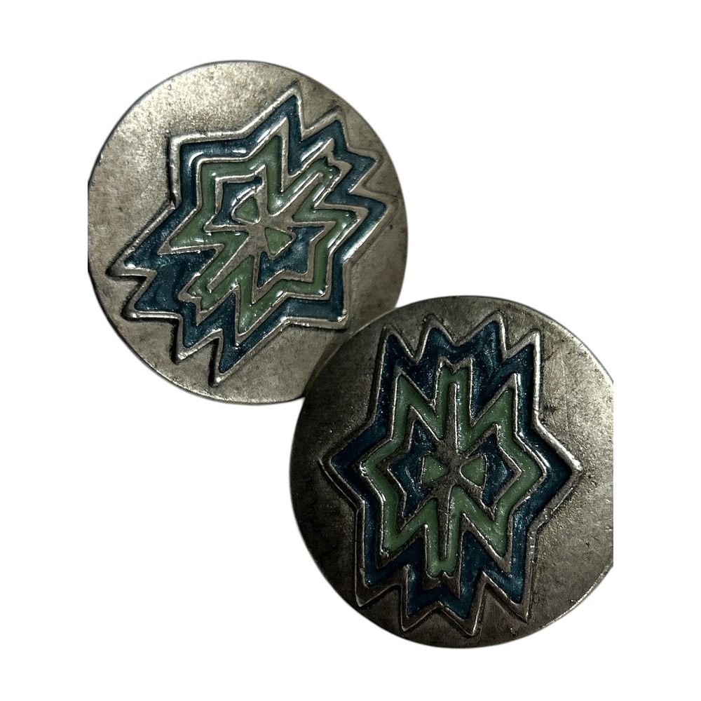 Vintage Silver Tone Blue Green Enamel Geometric Starburst Post Earrings 1 Inch‎
